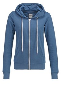 Sweat à capuche bleu zippé avec cordons blancs, poches avant, manches longues et poignets et ourlet côtelés.