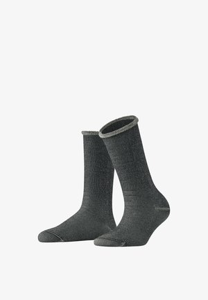 Chaussettes gris foncé avec une texture chinée, longueur mi-mollet, mailles circulaires en haut, et sections renforcées au talon et à la pointe.