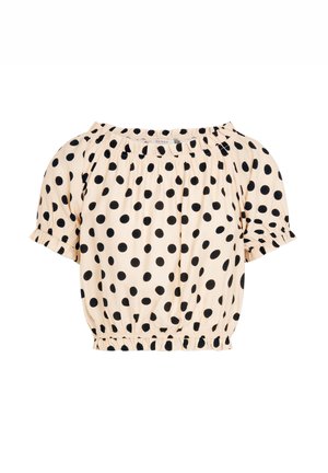 Blusa beige con hombros descubiertos, lunares negros, mangas cortas abullonadas y escote y dobladillo elásticos.