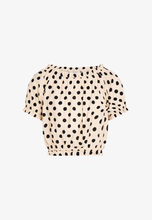 Blusa beige con hombros descubiertos, lunares negros, mangas cortas abullonadas y escote y dobladillo elásticos.