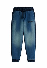 Denim jogger püksid elastse vöökoha ja nööriga. Heledast tumesinise gradient, küljetaskud ja trükitud logo ees.