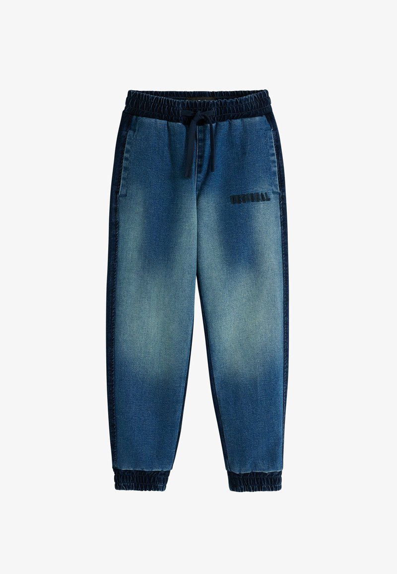 Denim jogger püksid elastse vöökoha ja nööriga. Heledast tumesinise gradient, küljetaskud ja trükitud logo ees.