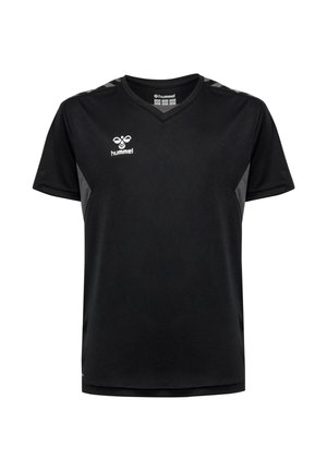 Schwarzes Sporttrikot mit kurzen Ärmeln, V-Ausschnitt, grauen Seitenpartien und weißem Hummel-Logo auf der oberen linken Brust.