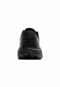 Black running shoes with a textured fabric upper, padded collar, and flexible sole. Features subtle branding and a durable, patterned tread.