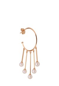 Arany színű fülbevaló, amely öt függő arany pálcikát tartalmaz, a végén fehér gyöngyökkel. Simára csiszolt felület és fényes bevonat jellemzi.