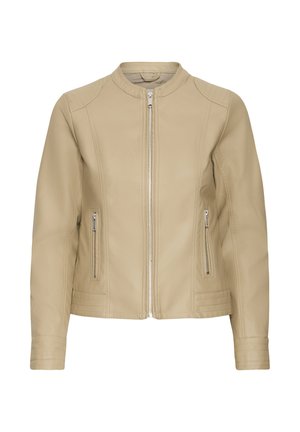Beige læderjakke med rund halsudskæring, lynlås foran og to lommer med lynlås. Designet har syninger på skuldre og manchetter.