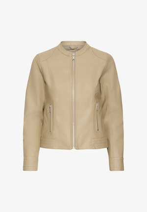 Veste en cuir beige avec un col rond, une fermeture éclair et deux poches zippées. Le design présente des détails cousus sur les épaules et les poignets.