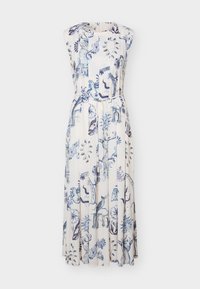 Λευκό midi φόρεμα χωρίς μανίκια με μπλε floral και αφαιρετικό σχέδιο, στρογγυλή λαιμόκοψη και υφασμάτινη ζώνη στη μέση.