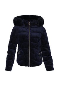 Tengerészkék pufi dzseki műszőrmés kapucnival, arany cipzárral, varrott panelekkel és oldalzsebekkel. Puha tapintású, enyhén csillogó felülettel.