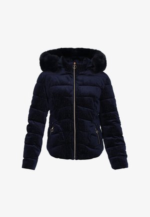 Tengerészkék pufi dzseki műszőrmés kapucnival, arany cipzárral, varrott panelekkel és oldalzsebekkel. Puha tapintású, enyhén csillogó felülettel.