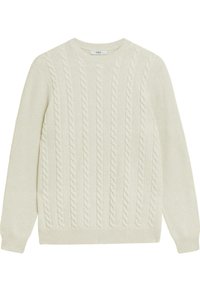 Pull tricoté de couleur crème avec un motif torsadé, col rond et ourlet côtelé. Le tissu a une texture douce et une épaisseur moyenne.