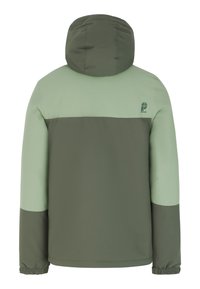 Grün und hellgrün color-blocked Daunenjacke mit Kapuze, elastischen Bündchen und einem Logo auf dem Rücken. Glattes, wasserabweisendes Material.