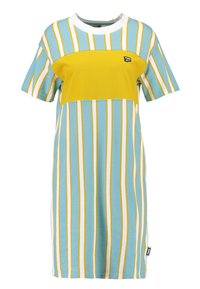 Randig klänning i turkos, gult och vitt. Har korta ärmar, rund krage och en kontrasterande gul panel över bröstet.