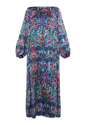 Flowy dress in vibrant multicolored patterns; features puffed sleeves and an off-the-shoulder design. Soft, lightweight fabric.