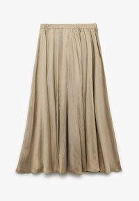 Beige satin maxiskirt med elastik i taljen, der har bløde draperinger og en glat tekstur, velegnet til både afslappet og formel brug.