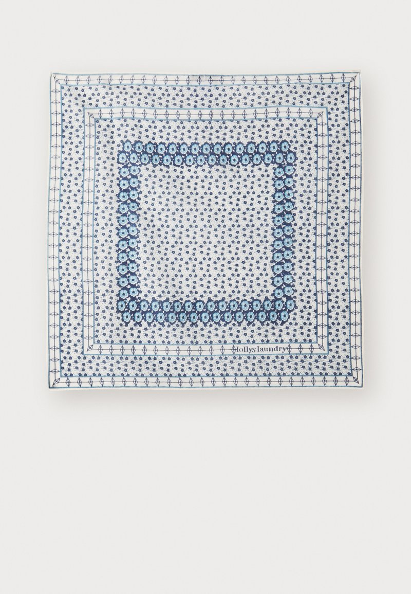 Firkantet keramisk tallerken med blå og hvit blomstermønster, omkranset av geometriske design. Teksten sier "Molly's Laundry."