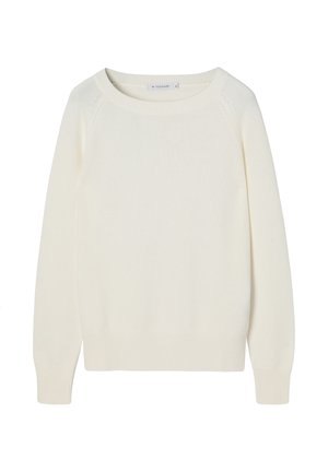 Krémově zbarvený pletený svetr s dlouhými rukávy, kulatým výstřihem a žebrovanými lemy rukávů a spodního lemu, velikost malá, značka viditelná uvnitř límce.