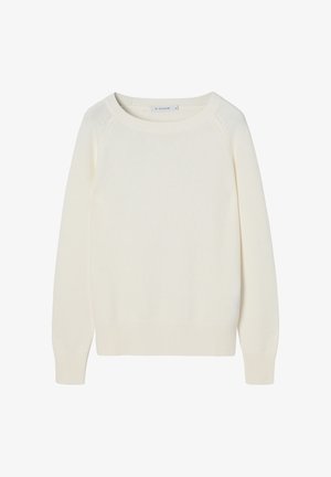 Pitkähihainen, kermaan värinen neulepaita, jossa on pyöreä pääntie sekä resorireunukset hihoissa ja helmassa, koko pieni, merkkilappu näkyy kauluksen sisäpuolella.