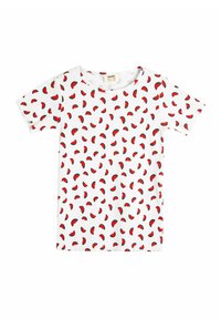 Camiseta blanca de manga corta con un patrón de rebanadas de sandía rojas y detalles verdes, hecha de una suave tela acanalada. Cuello redondo.