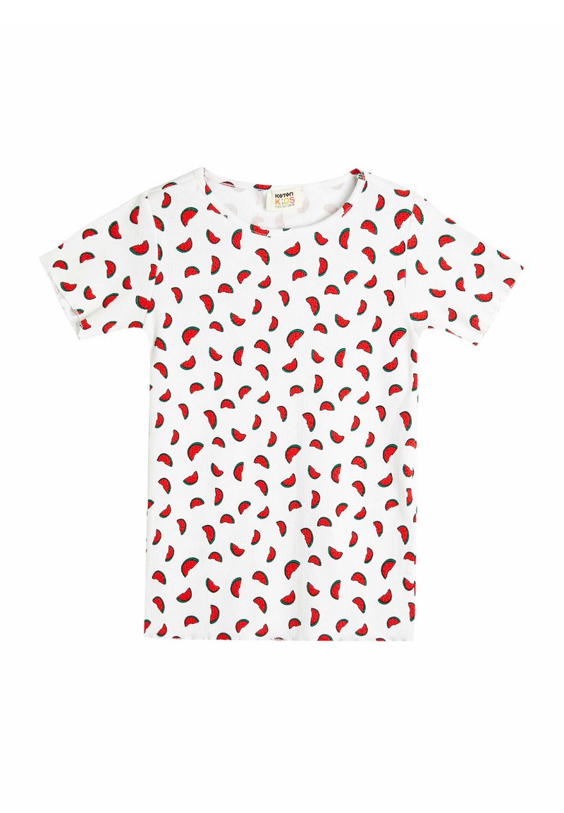 Camiseta blanca de manga corta con un patrón de rebanadas de sandía rojas y detalles verdes, hecha de una suave tela acanalada. Cuello redondo.