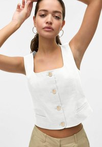 Ärmelloses Oberteil aus weißem Leinen-Style mit quadratischem Ausschnitt, ausgestattet mit drei Knöpfen und dezenten Seitentaschen. Glatte Textur, strukturierte Passform.