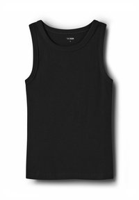 Zwart mouwloos tanktop van geribbelde stof. Heeft een ronde halslijn en een rechte zoom. Label aan de binnenkant toont merknaam en maat.