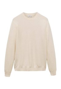 Pulover din tricot bej, cu guler rotund, mâneci lungi și manșete și tiv ribanate. Material texturat cu un model subtil.
