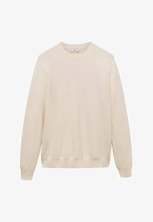 Pulover din tricot bej, cu guler rotund, mâneci lungi și manșete și tiv ribanate. Material texturat cu un model subtil.