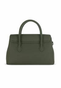 Bolso de cuero verde con forma estructurada, dos asas superiores, cierre con solapa y detalles sutiles de costura a lo largo de los bordes.