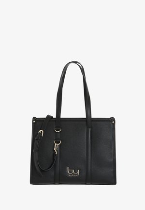 Borsa a tracolla nera strutturata realizzata in pelle testurizzata con doppio manico superiore, tracolla regolabile e accento con logo in tonalità oro.