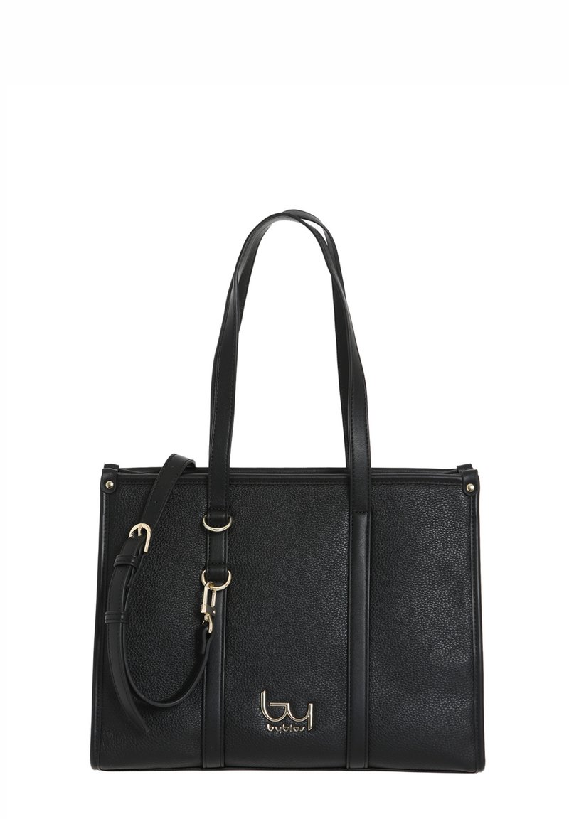 Borsa a tracolla nera strutturata realizzata in pelle testurizzata con doppio manico superiore, tracolla regolabile e accento con logo in tonalità oro.