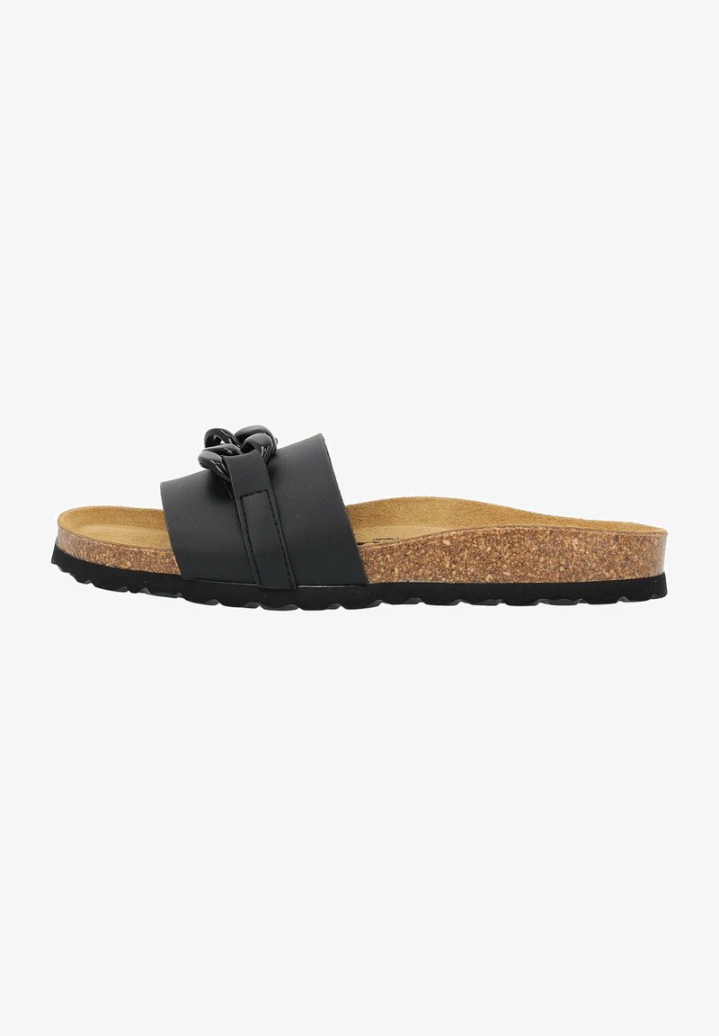 Sandal con tacco piatto nero con un sottopiede in sughero testurizzato, caratterizzato da una fascia larga e un accento a catena. Suola in gomma per aderenza e comfort.
