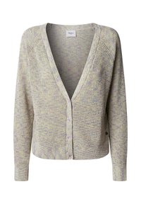 Helllila und gelbe Strickjacke mit V-Ausschnitt, langen Ärmeln, Knöpfen auf der Vorderseite und lockerer Passform. Strukturiertes Material mit dezentem Muster.