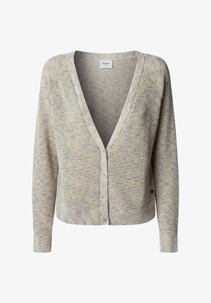 Cardigan de punto en color púrpura claro y amarillo, con escote en V, mangas largas, botones en la parte delantera y un ajuste relajado. Material texturizado con un patrón sutil.