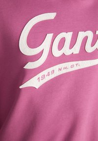 Pink cotton T-shirt featuring white embroidered text "Gant" and a decorative banner with "1949 NH. CT." detailing.