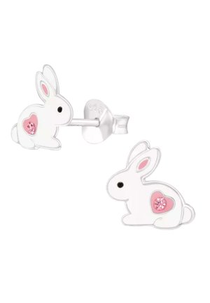 Weiße Hasenohrringe mit rosa Herzakzenten und einem rosa Edelstein. Hergestellt aus Metall mit polierter Oberfläche. Sicherer Steckverschluss zum Tragen.