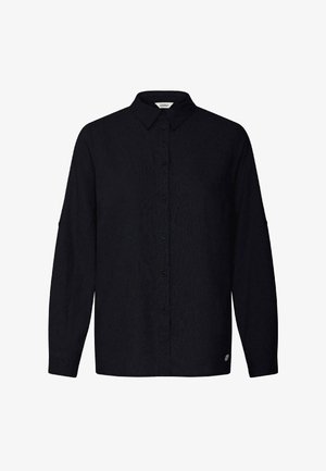 Black long-sleeve button-up shirt with a classic collar and subtle textured fabric, featuring a small round logo near the bottom hem.