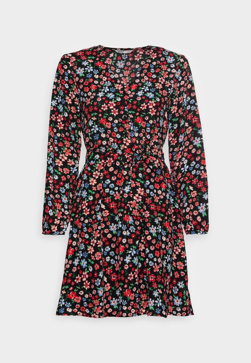 Robe noire à fleurs avec manches longues, taille cintrée et jupe longueur genoux ornée de motifs de fleurs rouges, roses et bleues.