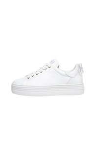 White leather sneaker with a rounded toe, flat laces, gold-tone eyelets, and a textured rubber sole; features a pull tab at the heel.