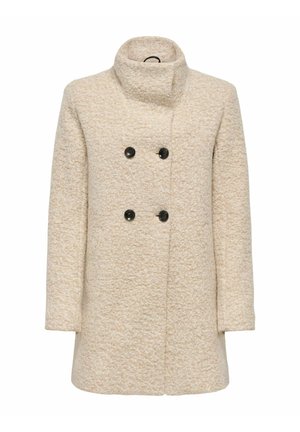 Manteau en laine beige avec une finition texturée, un col haut et un design croisé avec des boutons noirs et une coupe droite.