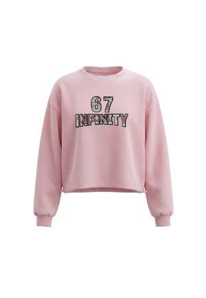 Pink langærmet sweatshirt med ribkantede manchetter og blomsterprintet tekst "67 INFINITY" på frontens midte.
