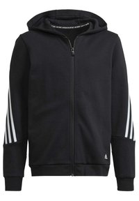 Sort zip-up hoodie lavet af blødt stof, med snøre i hætten, ribbede manchetter og hvide stribede detaljer på ærmerne.