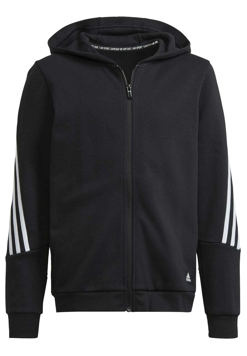 Sort zip-up hoodie lavet af blødt stof, med snøre i hætten, ribbede manchetter og hvide stribede detaljer på ærmerne.