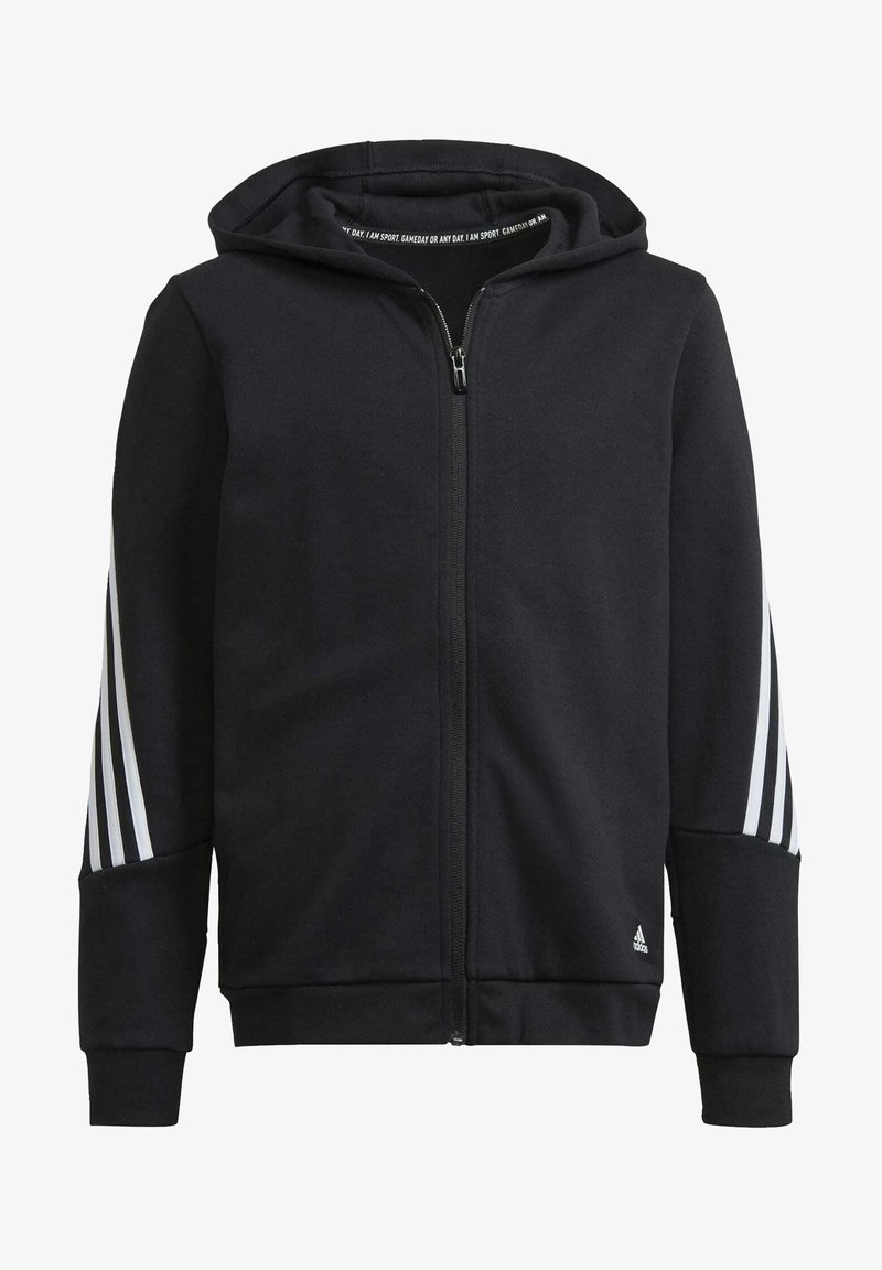 Sudadera con cremallera negra hecha de tela suave, con capucha ajustable, puños acanalados y acentos de rayas blancas en las mangas.