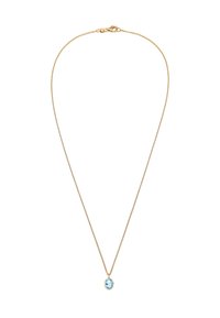 Guld kæde med et delikat design, der har en oval lyseblå vedhæng. Kæden har en struktureret overflade og en krabbe-lås.