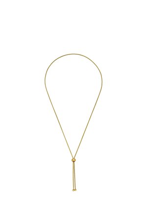 Dünne Goldkette mit verstellbarer gleitender Perle und zwei herabhängenden Enden mit Goldperlen vor weißem Hintergrund.