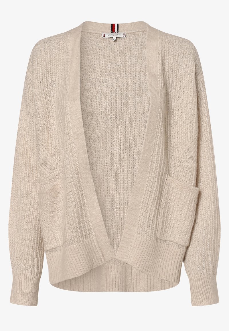 Cardigan beige abierto hecho de tejido de punto texturizado, con puños y dobladillo acanalados, y dos bolsillos delanteros a cada lado.