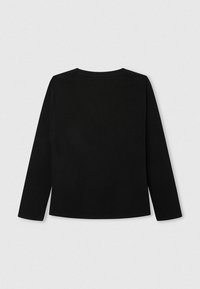 Top nero a maniche lunghe realizzato in tessuto liscio, con scollatura rotonda e un design semplice e privo di decorazioni. Nessun motivo o accento.