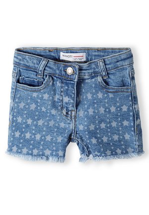 Blå denimshorts med stjärnmönster, fransad fåll, femficksdesign och knäppning fram. Märkesetikett synlig vid midjebandet.