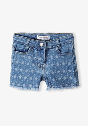 Kék farmer rövidnadrág csillagmintával, rojtos szegéllyel, öt zsebes dizájnnal és elöl gombos zárással. A márkacímke látható a derekán.